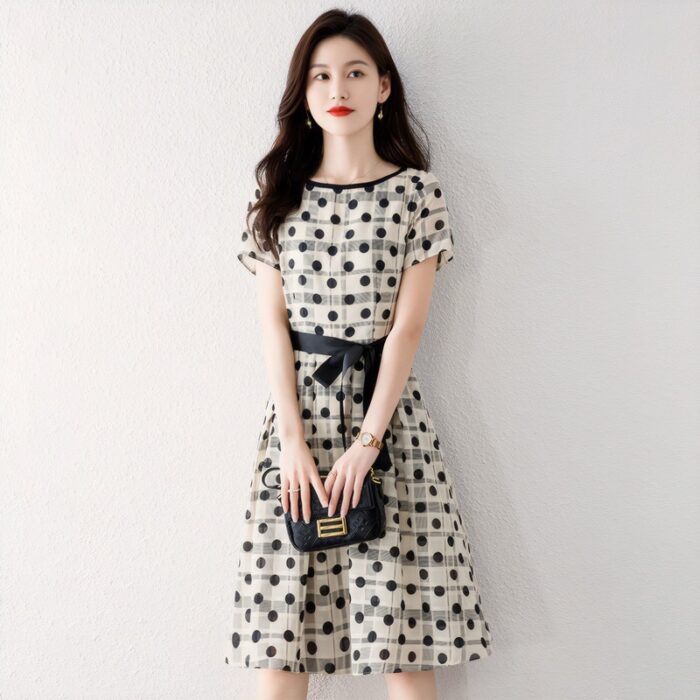 OL Style Wave Dot Ice Silk Crepe Bow Dress SV19